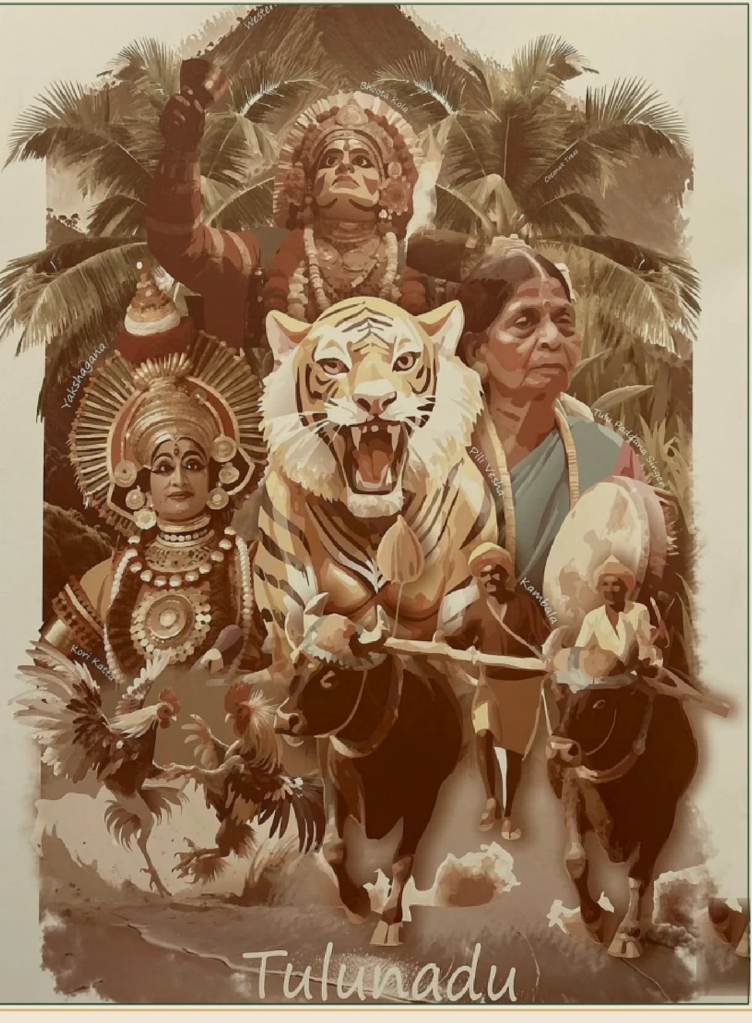 Illustrated tribute to Tulunadu traditions: Bhoota Kola, Yakshagana, Pili Vesha, Kambala and the Western Ghats